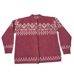 Amana Woolen Mills Vintage Nordic Fair Isle Cardigan Berry Pink Women 40 Orlon‎